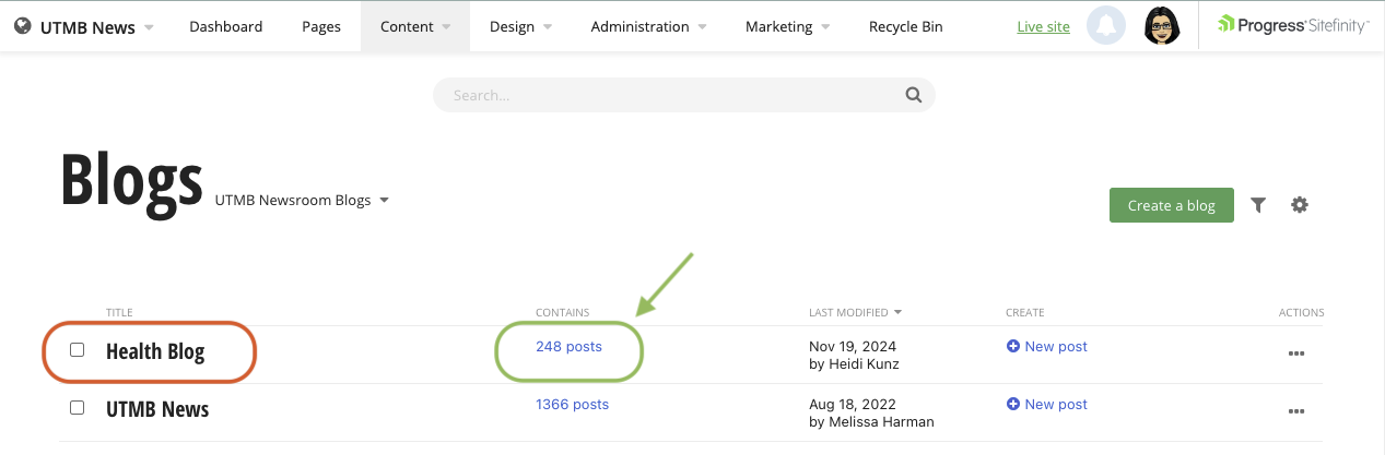 image shows a screenshot of the new area/item to be selected - the post counter - as opposed to the blog title