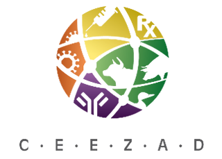 globe with cutouts of animals, medications, research and the acronym CEEZAD